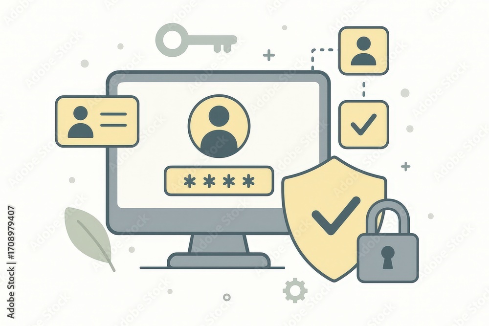 Aufkleber digital security concept illustrating user identity verification, secure password protection, techno