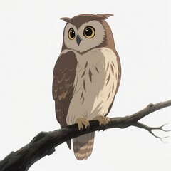 Cute Brown Owl Perched on Branch Illustration