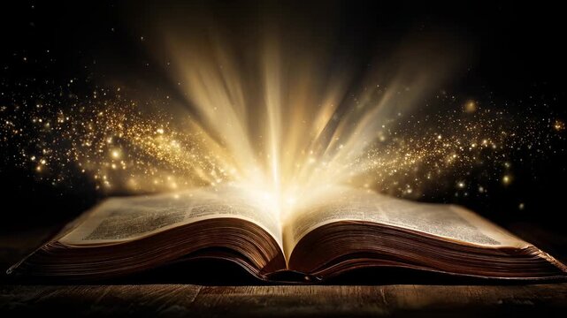 An open bible enveloped filled with heavenly light and shining spiritual aura concept.