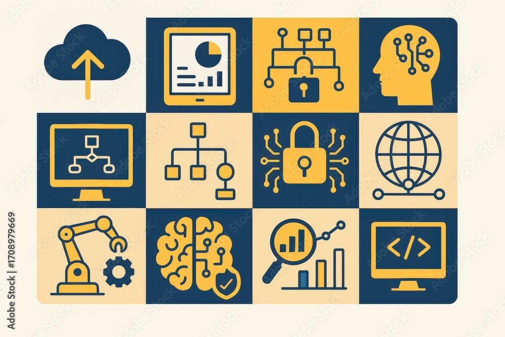 Poster technological integration illustrated with unique icons representing cloud computing data visualizat