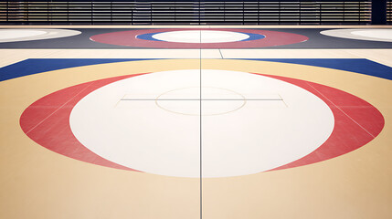 Close-up view of a curling rink with concentric circles and center target markings