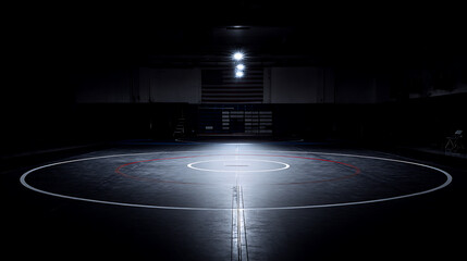 Empty indoor sports court illuminated by a single overhead light in a darkened arena