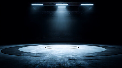 Circular illuminated stage under spotlights in a dark environment