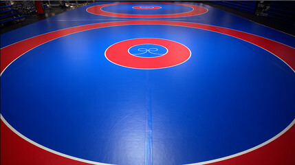 Curling rink with blue and red target circles on a smooth playing surface