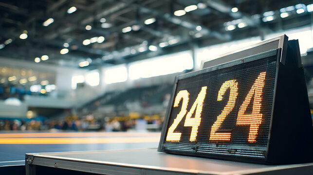 Digital countdown timer displaying '24' in a large indoor venue with blurred background - Powered by Adobe