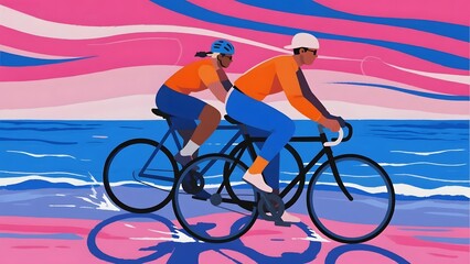 Fototapeta premium Two cyclists in vibrant attire riding bicycles against a colorful, wavy background.