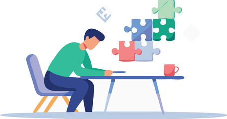 Man engaged in piecing together a jigsaw puzzle at his desk, surrounded by scattered pieces.