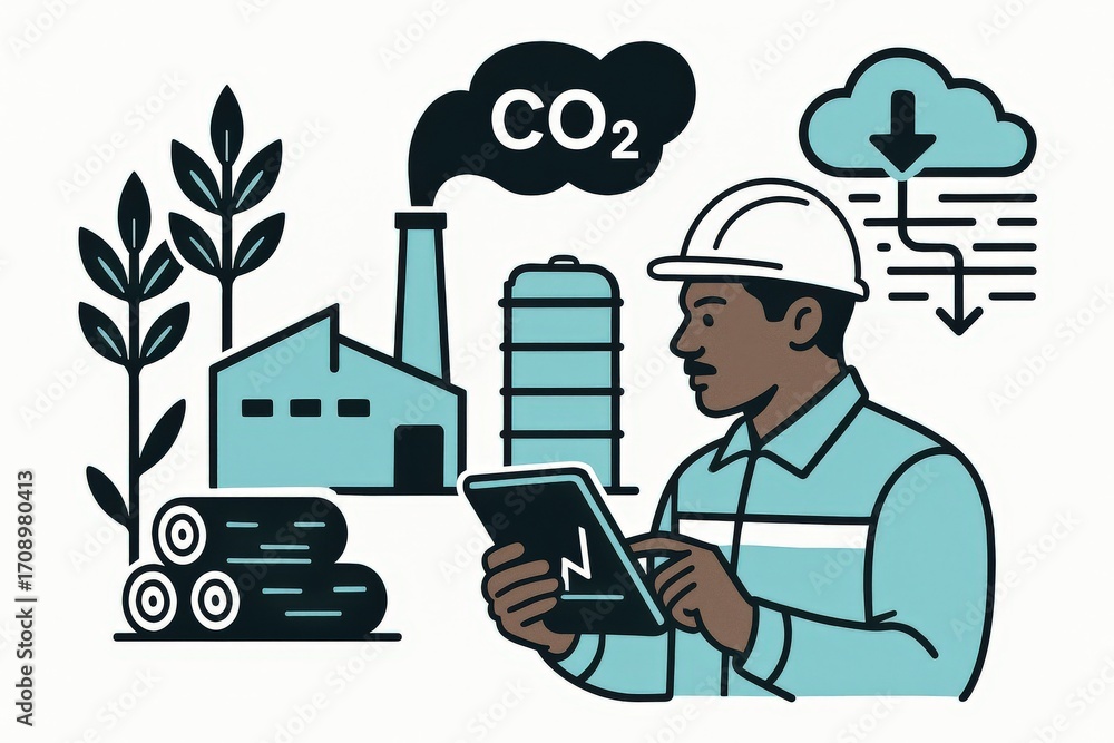 Poster industrial worker monitoring carbon emissions and sustainability practices through digital tablets a