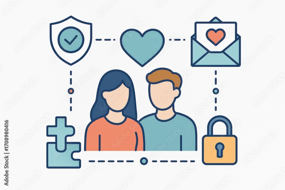 Poster digital love journey between two characters representing connection trust and emotion with symbolic 