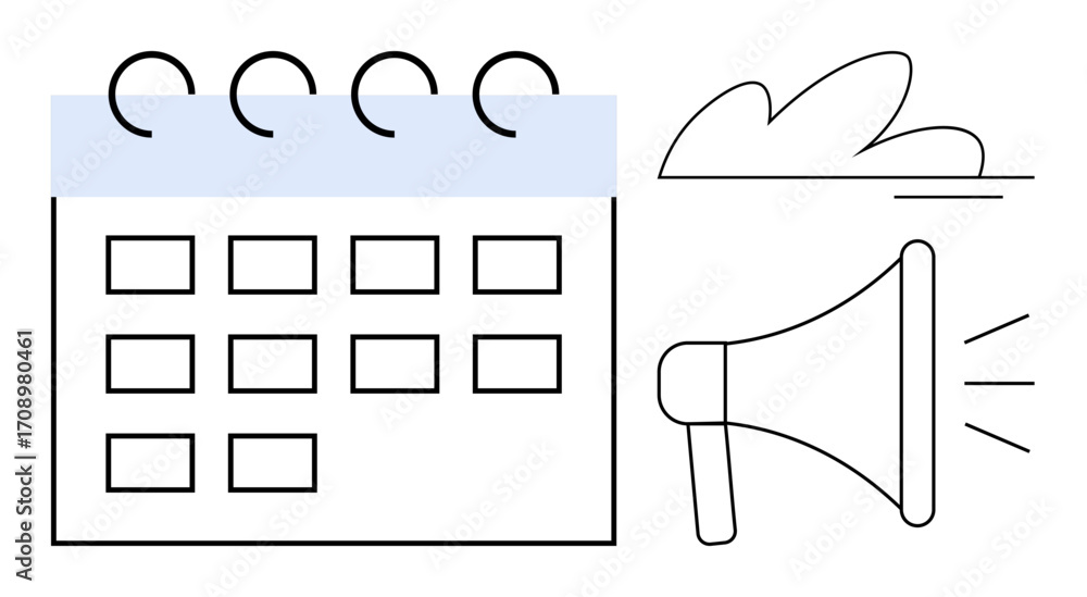 Poster spiral calendar with highlighted section and loudspeaker emitting sound waves beside a minimalistic 