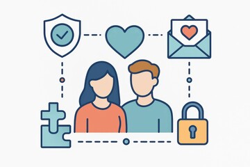 Digital Love Journey Between Two Characters Representing Connection Trust and Emotion with Symbolic Elements of Heart Lettering and Security in a Unified Design Concept