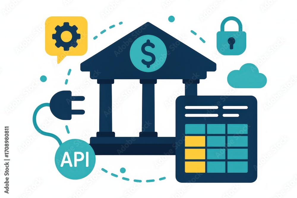 Poster illustrative representation of banking automation practices showcasing api connectivity data securit
