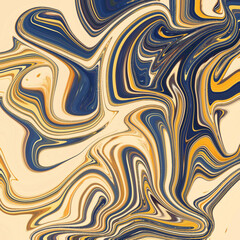 Modern abstract marble swirl in navy blue and yellow tones, fluid lines creating dynamic movement for art, fashion, or creative backgrounds.