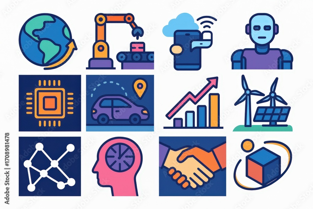 Poster innovative technologies shaping the future including digital automation, green energy solutions, and