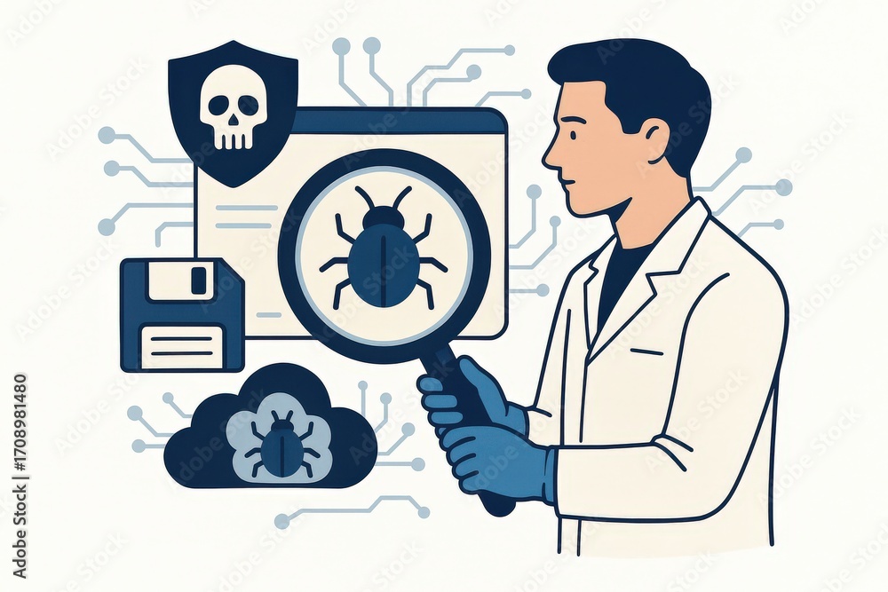 Aufkleber comprehensive analysis of a cybersecurity professional examining a computer bug illustration in a te