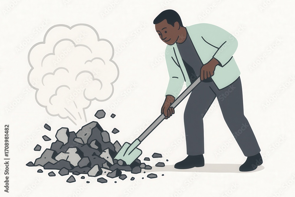 Poster dedicated worker engaging in laborious task of digging through rocky terrain while dust and debris b