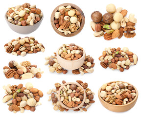 Mix of different nuts isolated on white, set