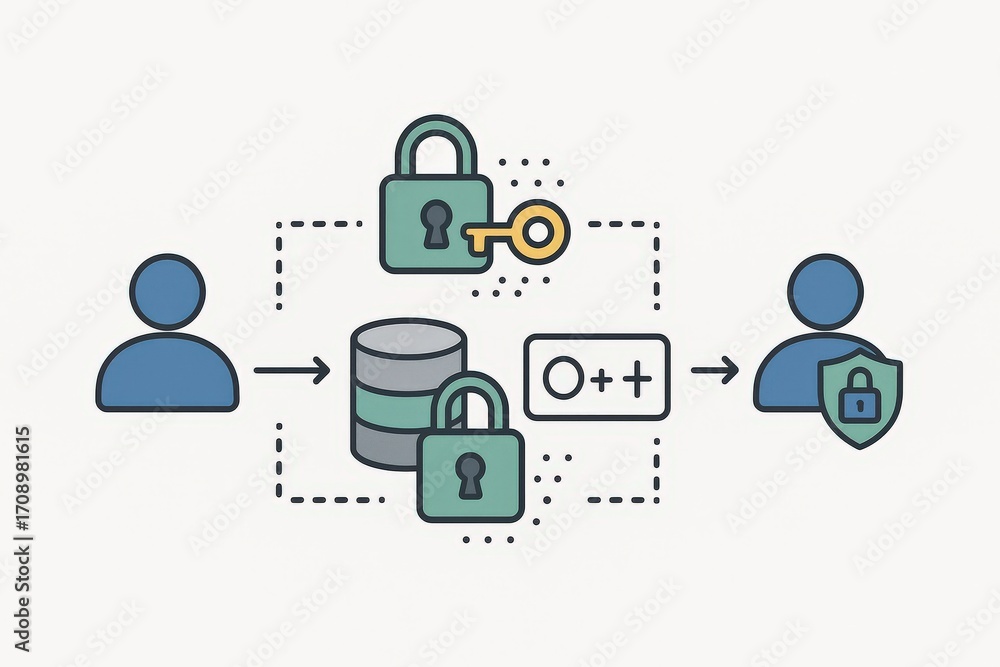 Poster visual representation of cybersecurity with data protection mechanisms featuring locks, user profile