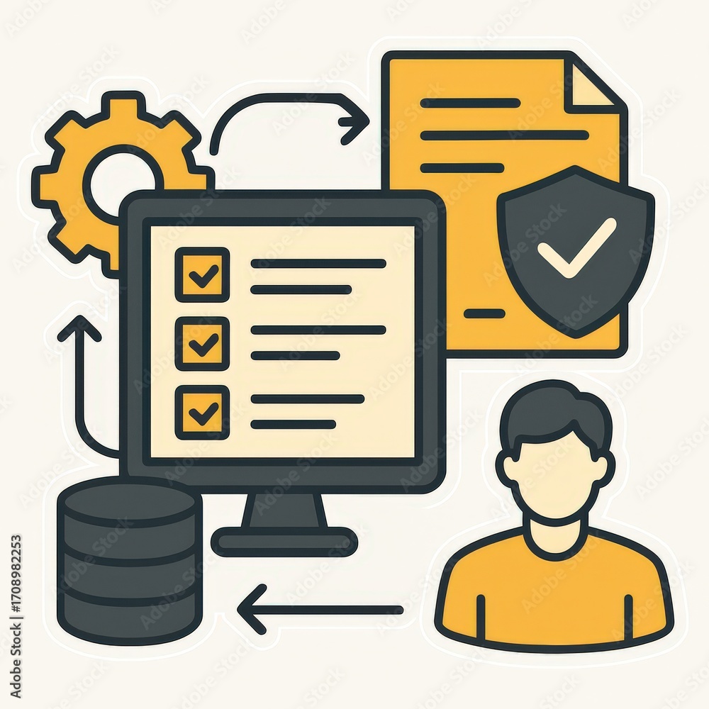 Poster comprehensive visual representation of data management, cybersecurity protocols, compliance document