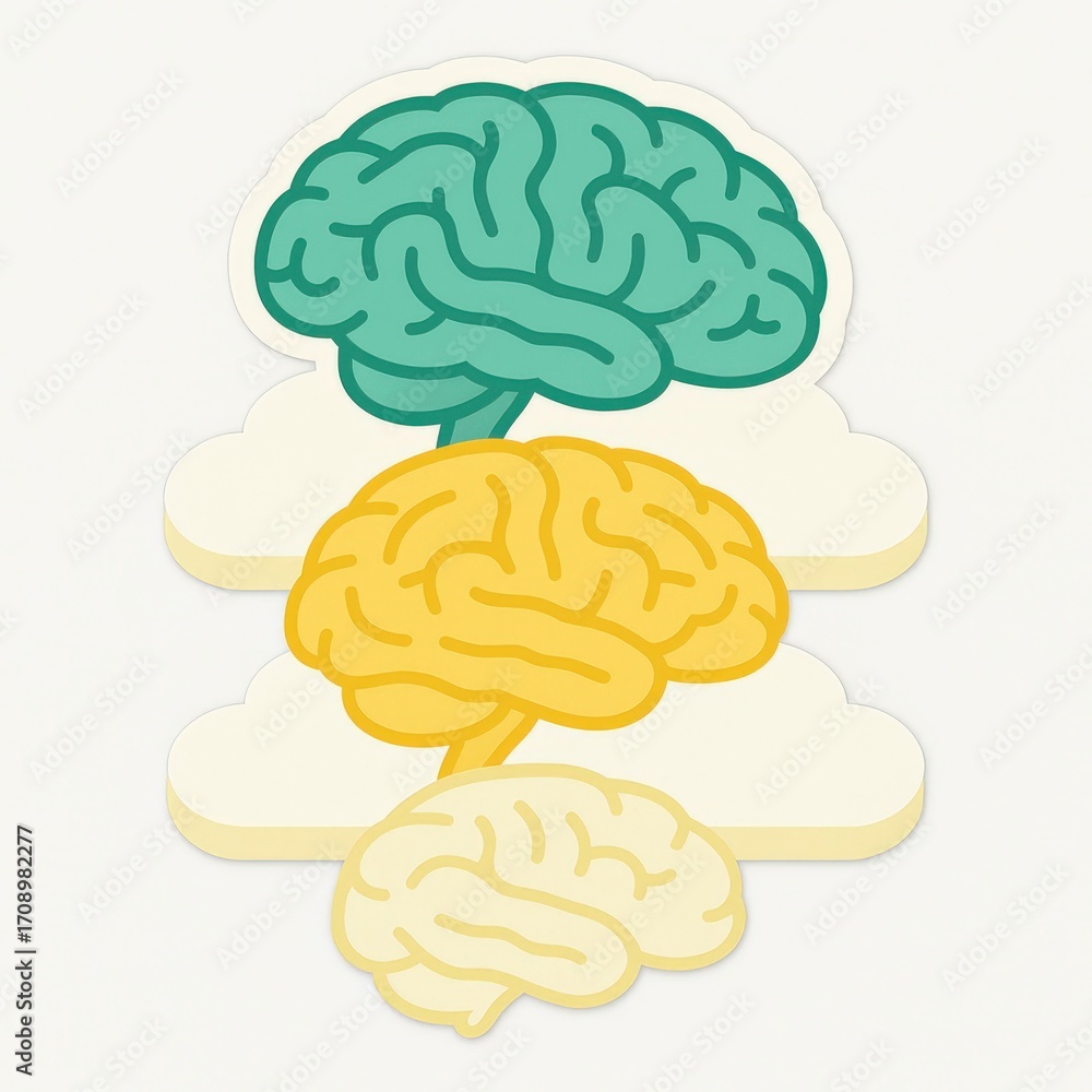 Poster illustrative composition of three colorful brain designs representing cognitive functions and emotio