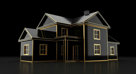 Luxurious black and gold house reflecting on dark background