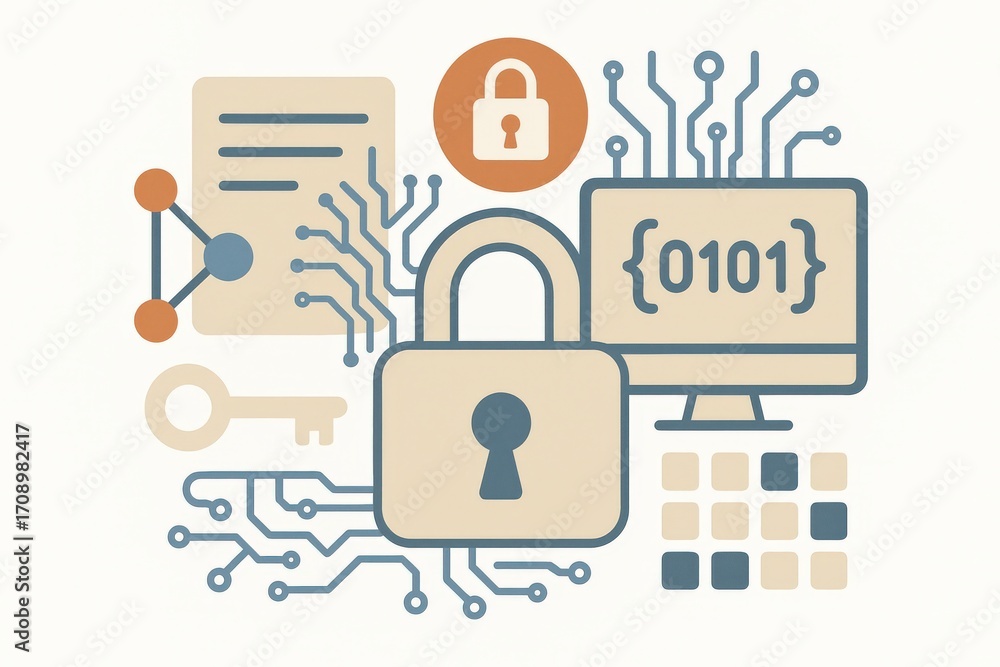 Poster abstract visualization of cybersecurity concepts including digital locks encrypted data keys and cir