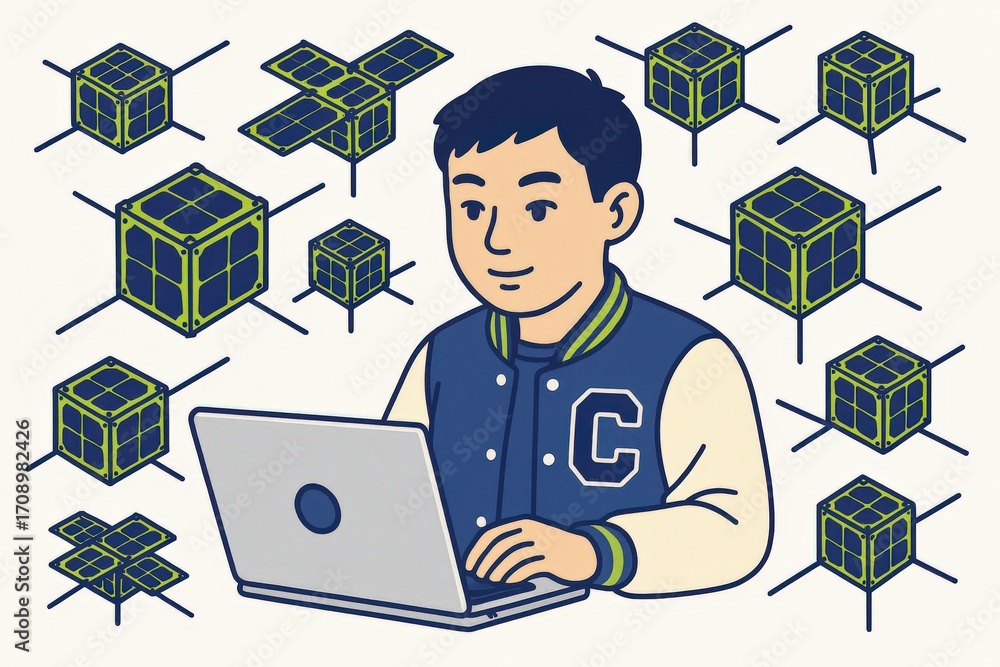 Poster young male student engaged in innovative programming with futuristic cubes representing advanced tec