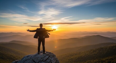 Man in suit embraces sunrise atop mountain peak with arms outstretched