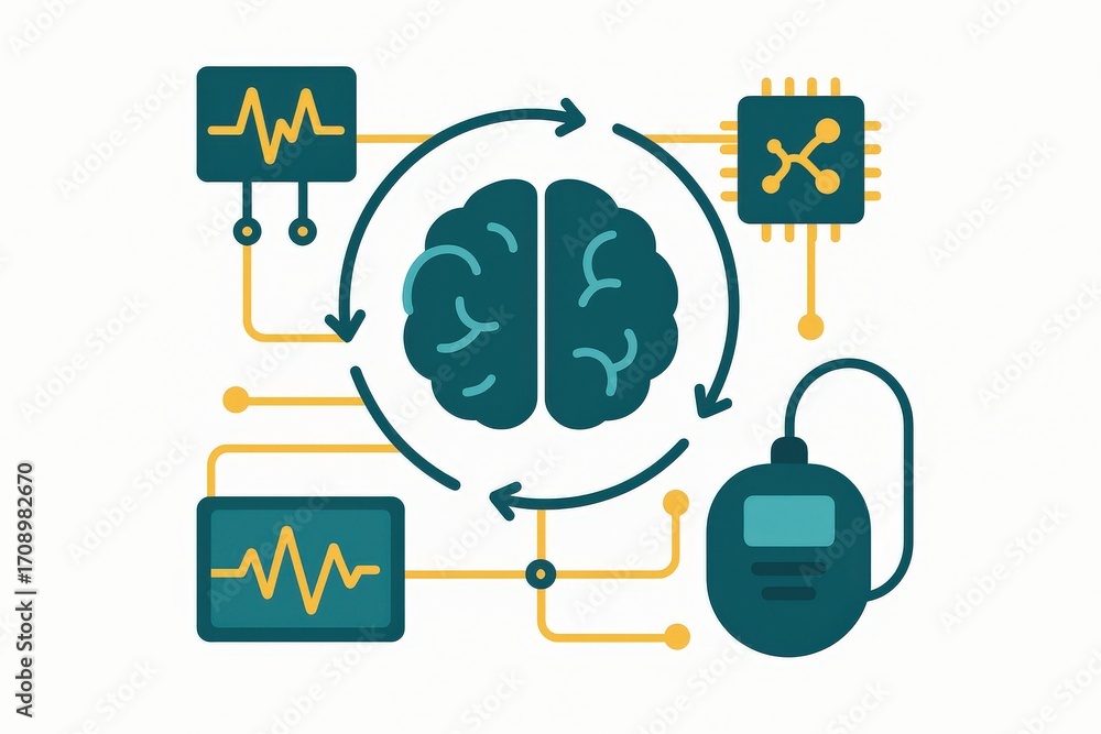 Poster intricate illustration of interconnected brainwave technology showcasing neural patterns, digital an