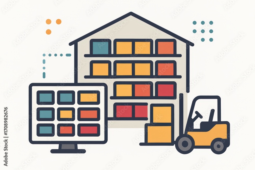 Poster modern warehouse management system with organized shelving and forklift illustrating efficiency in l