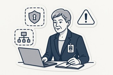 Professional woman diligently analyzing cybersecurity threats while engaging digital assets and data protection strategies featuring design elements that emphasize risk management principles