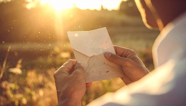 Generated image:Over‑the‑shoulder view of protagonist reading a weathered letter, dust motes floating in golden hour light, nostalgic mood.