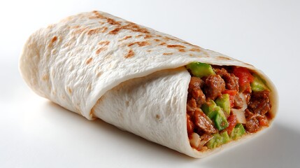 Delicious burrito with beef avocado tomato and onion perfect for lunch dinner or a quick and tasty meal option