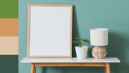Lamp, plant and blank frame on table. Different color patterns