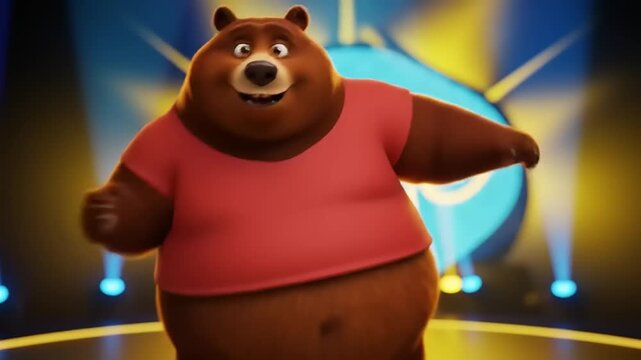 Cheerful bear dancing on stage with vibrant lights