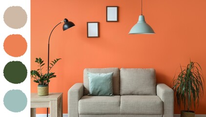 Interior of stylish living room with cozy sofa, houseplants and lamp. Different color patterns