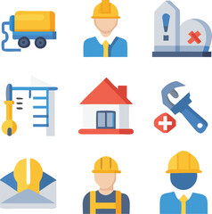 A set of vector icons representing various construction and building tools and equipment.