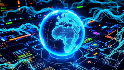 A luminous digital globe showcasing global connectivity and data streams over a complex technological motherboard - Powered by Adobe