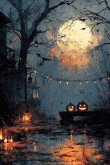 Spooky Halloween Night with Glowing Jack-O'-Lanterns