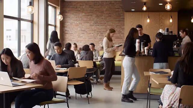 Diverse People in Modern Coffee Shop with Brick Wall and Large Windows - Powered by Adobe