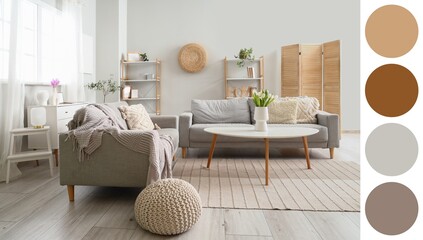 Obraz premium Interior of modern living room with sofas and coffee table. Different color patterns