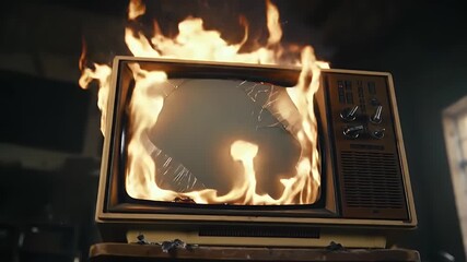 Burning Yellow Television Set Displaying Flames and Fire Inside Dark Room Interior with Window - Powered by Adobe