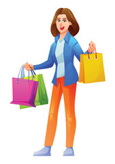 Young woman holding shopping bags after buying things from a retail store. Vector cartoon illustration