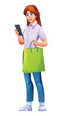 Young woman holding a shopping bag and a smartphone for online shopping. Vector cartoon illustration