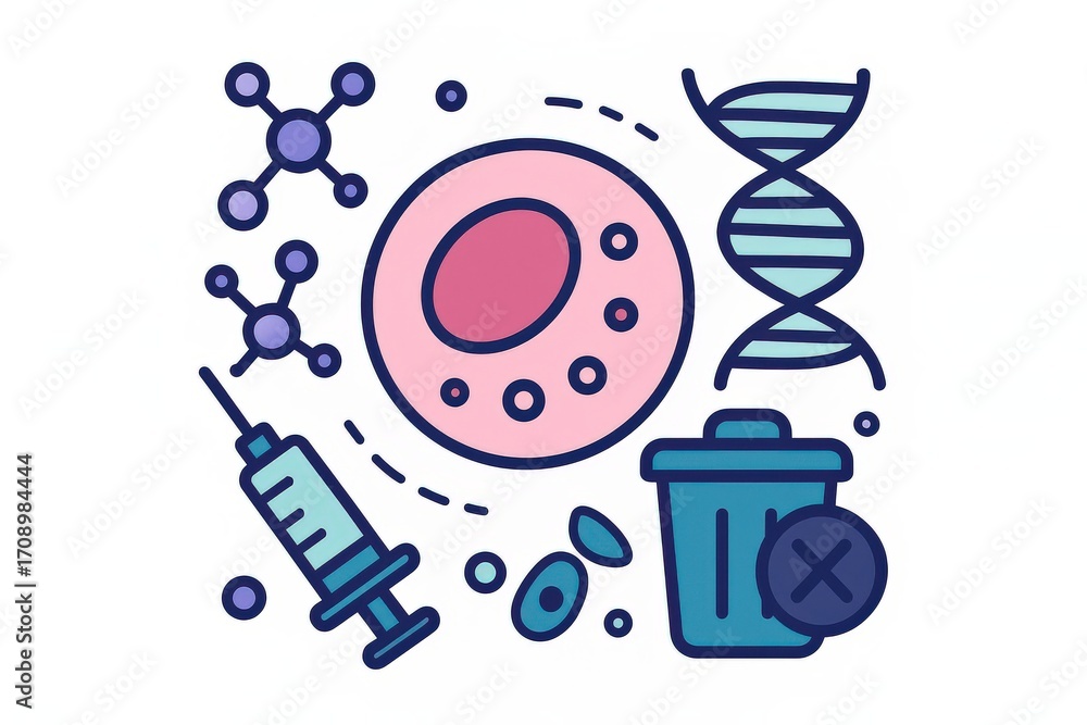 Poster graphic representation of biological elements including a cell structure dna helices molecular model