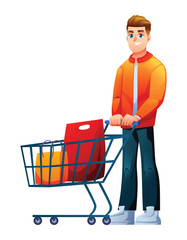 Young man standing and pushing a shopping cart full of shopping bags after a trip to the store. Vector cartoon illustration