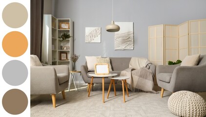 Fototapeta premium Interior of modern living room with sofa, armchairs, coffee tables, folding screen and shelving unit. Different color patterns
