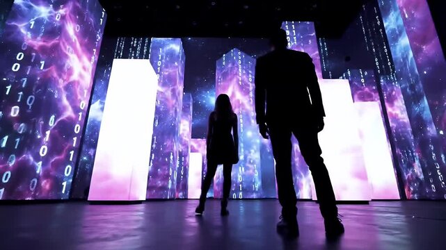 Silhouetted Figures Stood Against Abstract Digital Background with Binary Code and Geometric Shapes