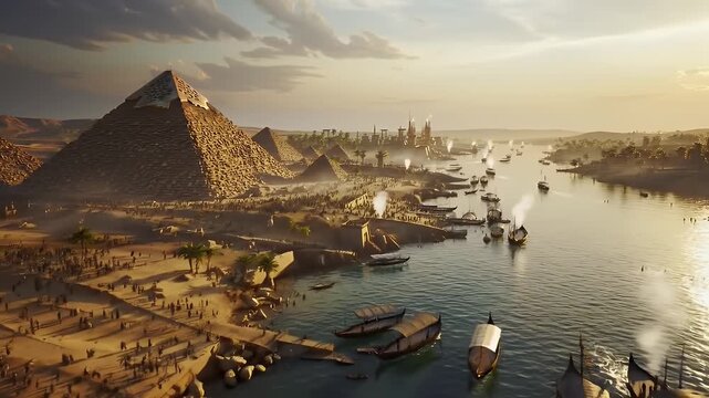 Panoramic View of Golden Pyramids and Boats Along Nile River at Sunset