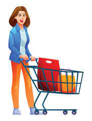 Young woman standing and pushing a shopping cart with shopping bags after a trip to the store. Vector cartoon illustration